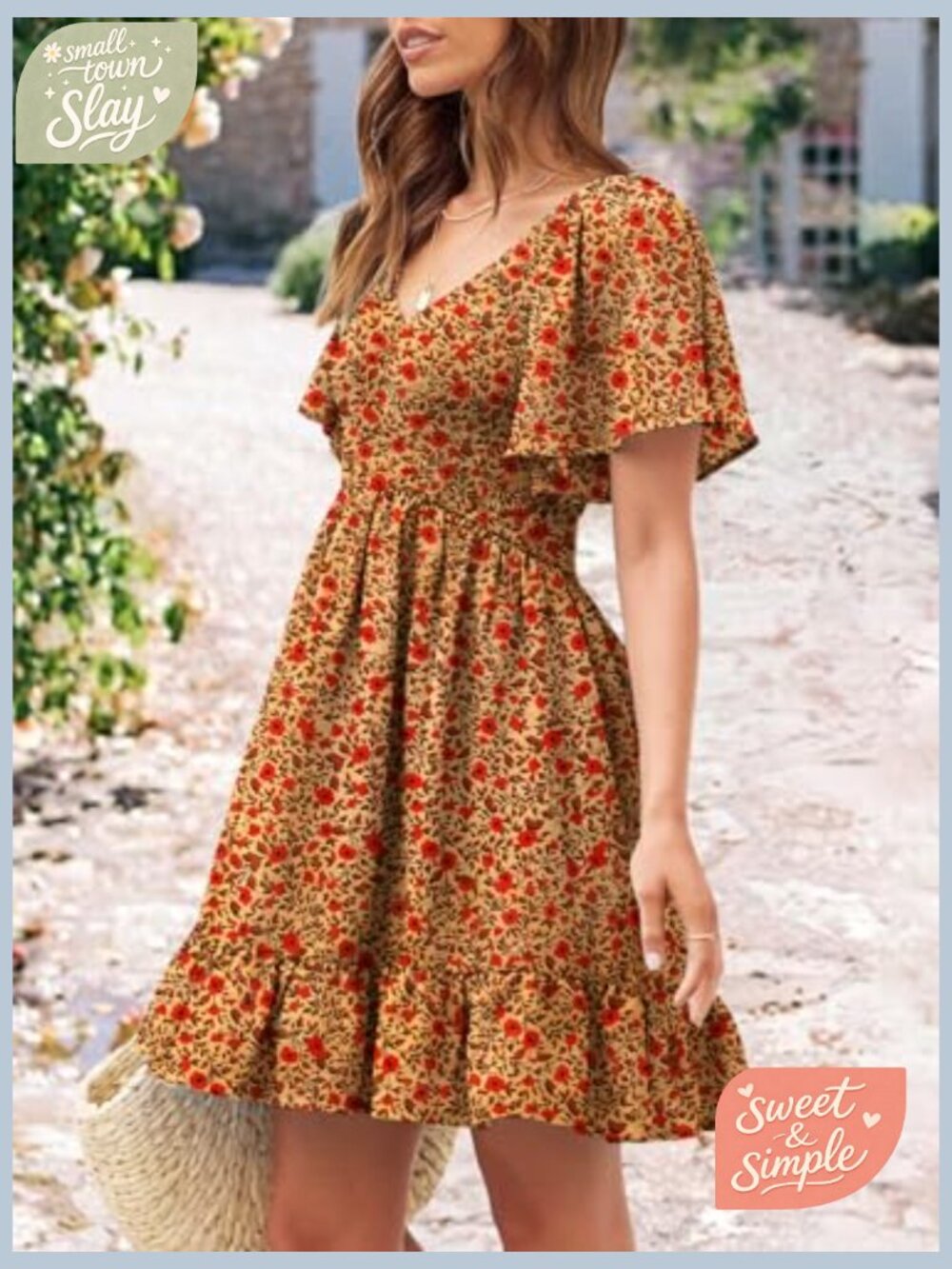 Smocked V-Neck Flutter Sleeve Sundress with Pockets - Picture 4 of 7